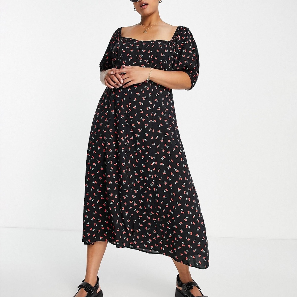 ASOS DESIGN Curve cupped button through midi tea dress in cherry print